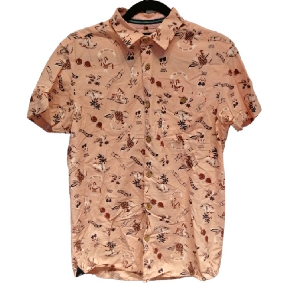 KOLBY Button Up Short Sleeve Dress Shirt Fun BeachSummer Print 100% Cotton Small